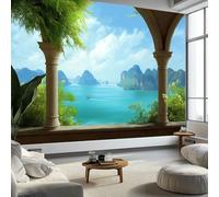 Mural Wallpaper Photography Thai Scenery Arches Green Plants 200 x 140 cm Modern Art Wall Mural, Blue Easy to Install Non-Woven Poster Photo Wallpaper - Bedroom Living Room TV Backdrop Decor