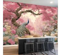 Mural Wallpaper Pink 3D Non-Woven Photo Wallpaper, Chinese Style Flower Cluster Peacock Tree Mural for Living Room Bedroom Children's Room Hallway Wall Decoration 200 x 140 cm (Not Self - Adhesive)