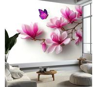 Mural Wallpaper Plant Pink Magnolia Butterfly 200 x 140 cm Modern Art Wall Mural, White Easy to Install Non-Woven Poster Photo Wallpaper for Bedroom Living Room TV Backdrop Decor