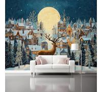 Mural Wallpaper Poetic Romance, 350 x 256 cm Non Woven Wall Mural Poster | Full Moon Winter Snowscape Town Stag Photo Wallpaper for Teen Kids Bedroom Playroom Home Decoration Removable Mural