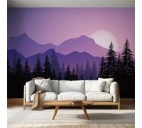 Mural Wallpaper Purple Sunset Mountain Silhouette, Murals Wall Art Trees Woodland Nature Mountains Mural, Wall Mural Non-Woven, for Indoor Home Decoration 350cmx256cm