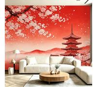 Mural Wallpaper Red Japanese Style, 3D Effect Panoramic Photo Wallpaper Cherry Blossoms Pattern Non-Woven Murals 430x300 cm Art Print Wall Poster Mural Bedrooms Living Room Modern Decoration w.8835