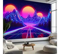 Mural Wallpaper Retro Futurism Neon Mountains Road 350 x 256 cm Modern Art Wall Mural, Purple Easy to Install Non-Woven Poster Photo Wallpaper - Bedroom Living Room TV Backdrop Decor