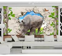 Mural Wallpaper Rhinoceros Breaking Through Walls, Tree Branches, Grassland Wallpaper 3D Effect Murals for Bedroom and Living Room Wall Decoration -KX12527, 430x300cm