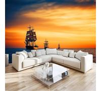 Mural Wallpaper Sailing Boat On Sea, Sunset Glow Art Print Wallpaper - Non-Woven Wall Mural W200 x H140 cm for Bedrooms Living Room Indoor Home Wall Decoration Paper Poster