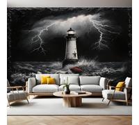 Mural Wallpaper Sea Wave Lighthouse Black Photo Wallpaper 3D Effect 200 x 140 cm Non-Woven Wall Mural Home Bedroom Living Room Tv Background Poster Decoration