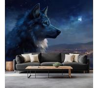 Mural Wallpaper Starry Sky Wolf 450 x 315 cm Modern Art Wall Mural, Fantasy Animals Easy to Install Non-Woven Poster Photo Wallpaper for Bedroom Living Room TV Backdrop Decor