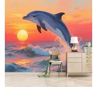 Mural Wallpaper Sunrise Over The Ocean with Dolphins 400x280cm,Animal Landscape Silk Cloth Decor Wallpaper for Study Room Hotels Offices(Not Self Adhesive)