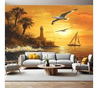 Mural Wallpaper Sunset seabirds and Lighthouse Photo Wallpaper 3D Effect 200 x 140 cm Non-Woven Wall Mural Home Bedroom Living Room Tv Background Poster Decoration