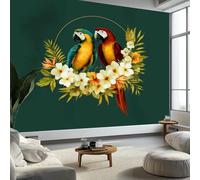 Mural Wallpaper Tropical Wreath Animals Parrots 200 x 140 cm Modern Art Wall Mural, Dark Green Easy to Install Non-Woven Poster Photo Wallpaper - Bedroom Living Room TV Backdrop Decor