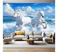 Mural Wallpaper Two White Horses on The Beach Photo Wallpaper 3D Effect 200 x 140 cm Non-Woven Wall Mural Home Bedroom Living Room Tv Background Poster Decoration
