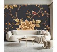Mural Wallpaper Vintage Botanical, 400 x 280 cm Non Woven Wall Mural | Peonies Leaves Birds Photo Wallpaper for Teen Kids Bedroom Playroom Home Decoration Removable Mural