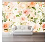 Mural Wallpaper Watercolor Plants Beige Roses Photo Wallpaper 3D Effect, 250 x 175 cm Non-Woven Wall Mural Home Bedroom Living Room Tv Background Poster Decoration - Green Leaves