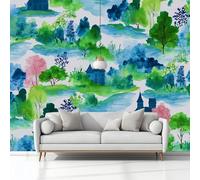 Mural Wallpaper Watercolour Garden Tower 200 x 140 cm Modern Art Wall Mural, Green Easy to Install Non-Woven Poster Photo Wallpaper, for Bedroom Living Room TV Backdrop Decor