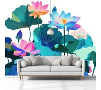 Mural Wallpaper Watercolour Lotus Leaves 200 x 140 cm Modern Art Wall Mural, White Easy to Install Non-Woven Poster Photo Wallpaper, for Bedroom Living Room TV Backdrop Decor