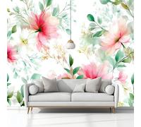 Mural Wallpaper Watercolour Peony Eucalyptus Branches 200 x 140 cm Modern Art Wall Mural, White Easy to Install Non-Woven Poster Photo Wallpaper, for Bedroom Living Room TV Backdrop Decor