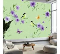 Mural Wallpaper Watercolour Purple Flowers Small Bird Butterfly 200 x 140 cm Modern Art Wall Mural, Green Easy to Install Non-Woven Poster Photo Wallpaper for Bedroom Living Room TV Backdrop Decor