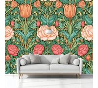 Mural Wallpaper William Morris Tulips Roses 200 x 140 cm Modern Art Wall Mural, Green Easy to Install Non-Woven Poster Photo Wallpaper, for Bedroom Living Room TV Backdrop Decor
