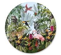 Muralo Sticker Round Wild Animals Birds Zebra Monkey Leopard Tropical Leaves Flowers Plants Natural Sticker Wall Tattoo Living Room Bedroom Dining Room Width 100cm x Height 100cm