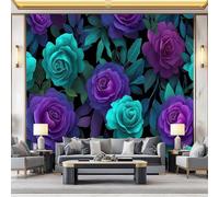 Murals 3D Wallpaper, 3D Roses Leaves Flowers Decorative Murals, Purple Blue Wallpaper Living Room The Wall for Corridor Office and Kids Room Mural Tv Backdrop Removable Walls 350 x 256 cm (W x H)