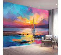 Murals 3D Wallpaper, Oil Painting Sunset Sailboat Ocean Decorative Murals, Colorful Wallpaper Living Room The Wall for Corridor Office and Kids Room Mural Tv Backdrop 300 x 210 cm (W x H)