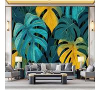 Murals 3D Wallpaper, Painted Monstera Tropical Leaves Decorative Murals, Blue Yellow Wallpaper Living Room The Wall for Corridor and Kids Room Mural Tv Backdrop Removable Walls 300 x 210 cm (W x H)