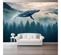 Murals Non-Woven Wallpaper 300 x 210 cm, Movie Style Jungle Whales Fog Patterned Wall Art Photo Wallpaper Wall Mural Home Bedroom Living Room Nursery Restaurant Poster Decoration, Blue