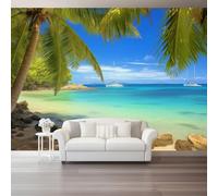 Murals Non-Woven Wallpaper 300 x 210 cm, Nature Beach Palm Trees Patterned Wall Art Photo Wallpaper Wall Mural Home Bedroom Living Room Nursery Restaurant Poster Decoration, Green Blue