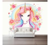 Murals Non-Woven Wallpaper 400 x 280 cm, Watercolor Unicorn Animals Flowers Patterned Wall Art Photo Wallpaper Wall Mural Home Bedroom Living Room Nursery Restaurant - White Pink