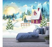 Murals Photo Wallpaper - Christmas Winter Village Landscape 368(W)X254(H)Cm - Peel And Stick Wallpaper - 3D Children'S Room Mural Wall Art Poster Picture Boy Girl Bedroom Gift Decoration Wall -5286913