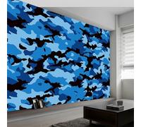 Murals Photo Wallpaper Military War Blue Camouflage Wallpaper 300 x 210 cm (WxH), 3D Children's Room Blue-Black Mural Wall Art Poster Picture, Boy Girl Bedroom Gift Decoration Wall Sticke