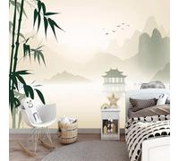 Murals Photo Wallpaper Oriental Ink Painting Landscape 300 x 210 cm Non-Woven Premium Art Print Fleece Wall Mural Decoration Poster Picture Design Modern Mural for Living Room Kids Bedroom Green Beige