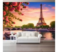 Murals Wallpaper 350 x 256 cm Custom Wallpaper for Bedroom, Photography River Flowers Paris Architecture Wall Paper Mural for Living Room Bedroom Kids Room Poster Decoration Orange Brown