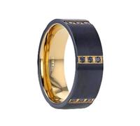 Muramasa | Titanium Ring | Comfort Fit | Flat Brushed Black Titanium Wedding Band Gold Plated Inside with Six Sets of Triple Black Diamonds - 8 mm Wide, 9 UK, Metal, No Gemstone