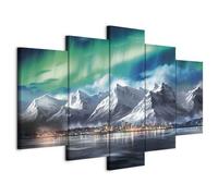 murando - Canvas Wall Art XXL Harbour City 225x112 cm 5 pieces - Non-woven Canvas Prints Image Framed Artwork Painting Picture Photo Home Decoration Island Northern Lights Mountain d-H-10006-b-c
