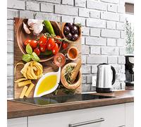 murando Glass Splashback for Kitchen Backsplash Cooker Protector Tempered Glass Decorative Wall Art Panel Heat Resistant Graphic 60x60 cm / 24"x24" Spices Vegetables Pasta Olive Garlic j-B-0052-aq-a