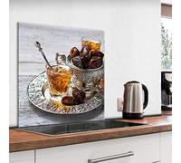 murando Glass Splashback for Kitchen Backsplash Cooker Protector Tempered Glass Decorative Wall Art Panel Heat Resistant Graphic 60x60 cm / 24"x24" Tea Time Food Dates j-B-0091-aq-a