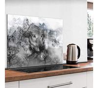 murando Glass Splashback for Kitchen Backsplash Cooker Protector Tempered Glass Decorative Wall Art Panel Heat Resistant Graphic 80x60 cm / 32"x24" Animal Wolf Black Grey g-A-0212-aq-e