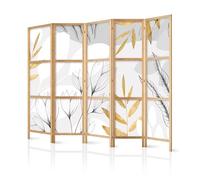 murando Room divider XXL Minimalism nature 225x171cm / 89" x 68" 5 pieces non woven fabric German quality room divider wood design pattern hand made Home office grey and white leaves b-A-10071-bh-b