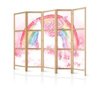 murando Room divider XXL Unicorn 225x171cm / 89" x 68" 5 pieces non woven fabric German quality room divider wood design pattern hand made Home office pinkish clouds pegas rainbow e-A-10030-bh-a