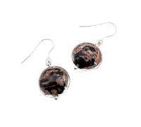 Murano Glass Earrings, Handmade Black & Gold Aventurine Glass Sterling Silver Dropper Earrings, 1.5cm Diameter (MGE20)