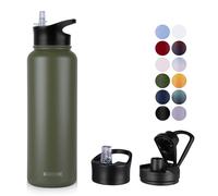 MURBONE Insulated Water Bottle, 1.2L Stainless Steel Drink Flask with Straw, BPA Free, Leakproof Double Walled Vacuum Water Bottle with 2 Lids (Straw and Spout), Army Green