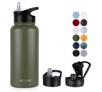 MURBONE Insulated Water Bottle, 1L Stainless Steel Drink Flask with Straw, BPA Free, 2 Lids (Straw Lid and Spout Lid), Leakproof Double Walled Vacuum Water Bottle, Army Green