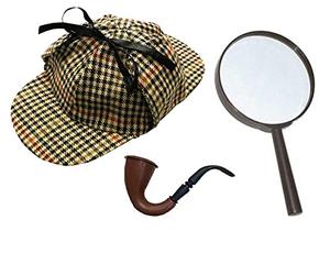 MURDER MYSTERY/VICTORIAN DETECTIVE ACCESSORY SET - THE LUXE EDITION. VICTORIAN DETECTIVE ACCESSORIES: DELUXE FUNCTIONAL BROWN PIPE + LINED DEERSTALKER HAT + 100% GENUINE MAGNIFYING GLASS
