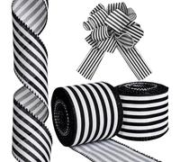 MuRealy Black and White Striped Ribbon, 2.5 Inch Black White Wired Ribbon 10 Yards 2 Rolls, Suitable for Christmas Tree Wreath Gift Box Wedding Christmas Decoration