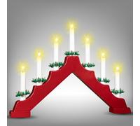 MURIEL BARGAINS Christmas Candle Bridge Light 7 LED Battery Operated with Timer - Wooden Festive Window Decoration for Home Décor - Warm Glow Electric Candle Arch Ornament (Red)