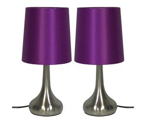 MURIEL BARGAINS Modern Chrome Teardrop Touch Table Lamp with Purple Faux Silk Shade - 4-Stage Dimmable Touch Control - LED Compatible Bedside Lamp for Bedroom, Living Room, Office (2)
