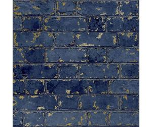 Muriva 3D Effect Navy Blue Gold Metallic Brick Wallpaper Stone Industrial