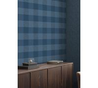 Muriva Blue Check Fabric Effect Patterned Wallpaper