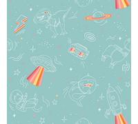 Muriva Space Animals T Rex UFO Planets Stars Galaxy Childrens Bedroom Wallpaper Turquoise M36804